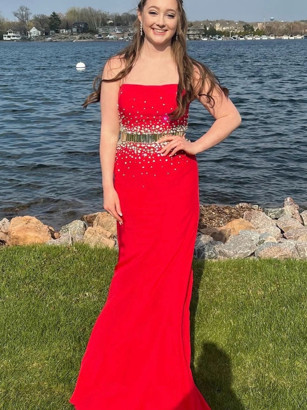 Ashley Lauren Strapless Red Evening Gown with Jeweled Waistband